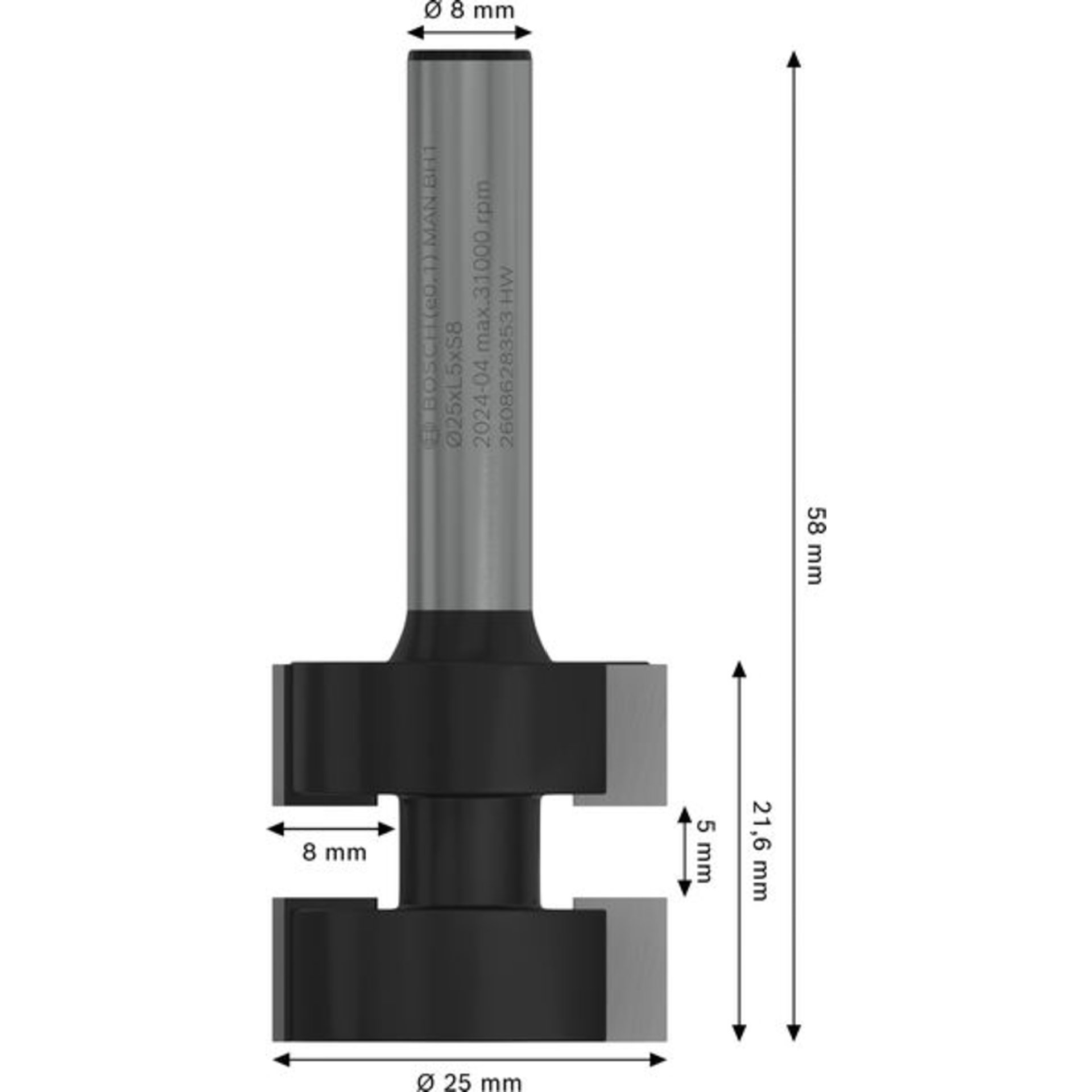PRO T-Nut Federfräser, B 8 mm, D 25 mm, L 5 mm, S 8 mm