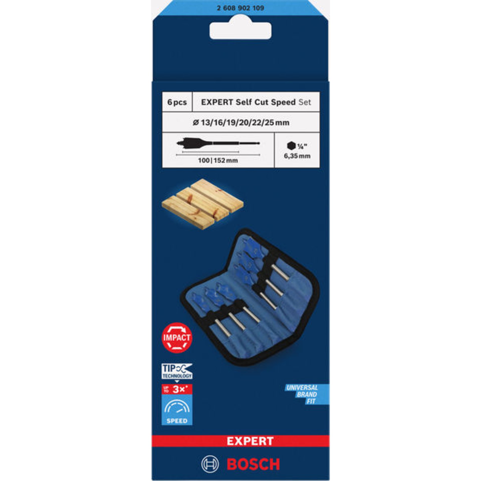 EXPERT Self Cut Speed Flachfräsbohrer-Set, 13/16/19/20/22/25/25, 6-tlg.