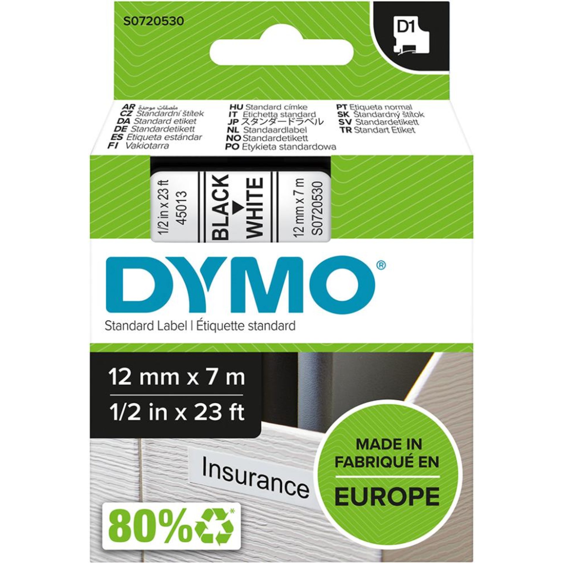 Schriftband D1 45013 schwarz/weiß 12mmx7m DYMO