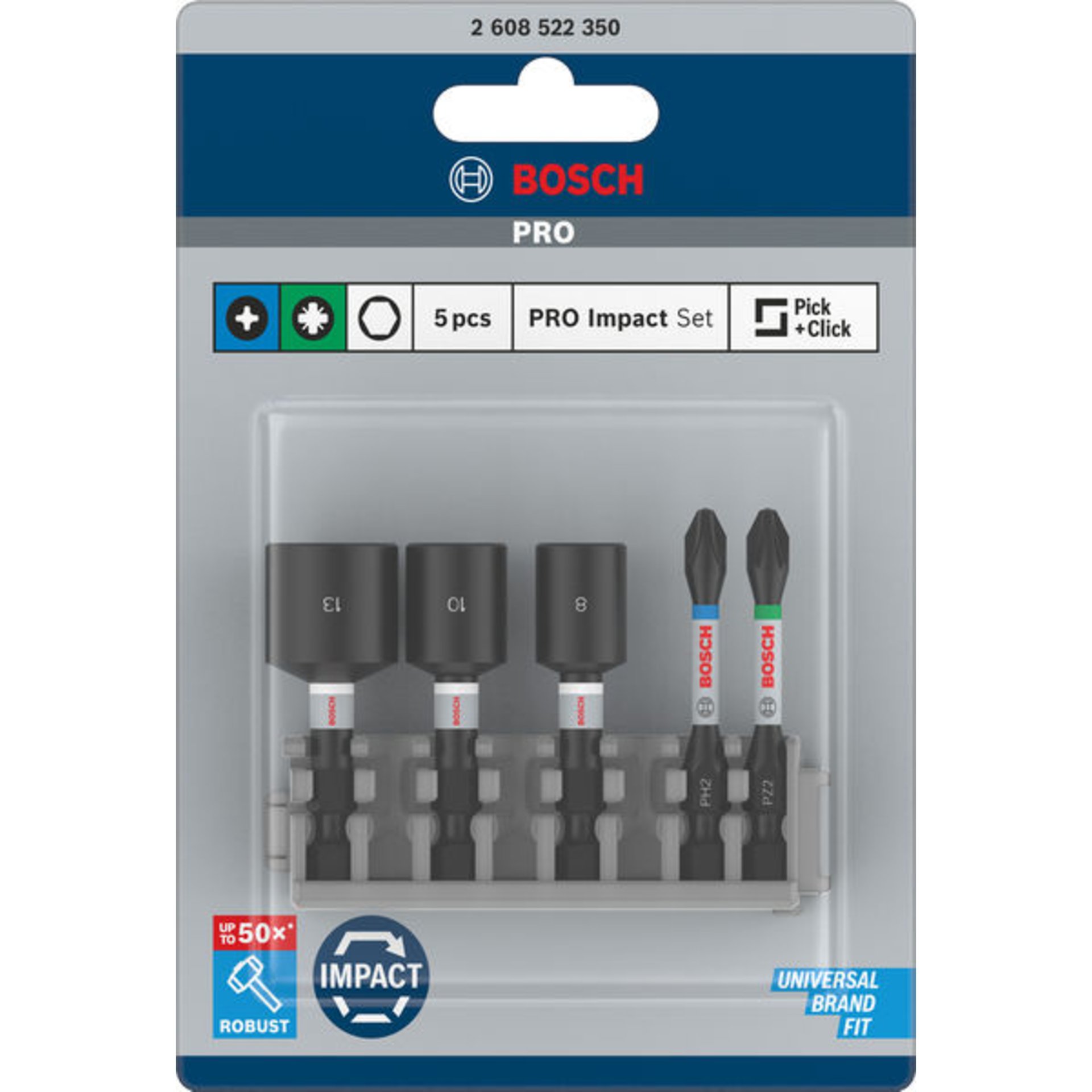 PRO Impact Set mit Steckschlüsseln, PH2x50, PZ2x50, NS8x50, NS10x50, NS13x50 mm