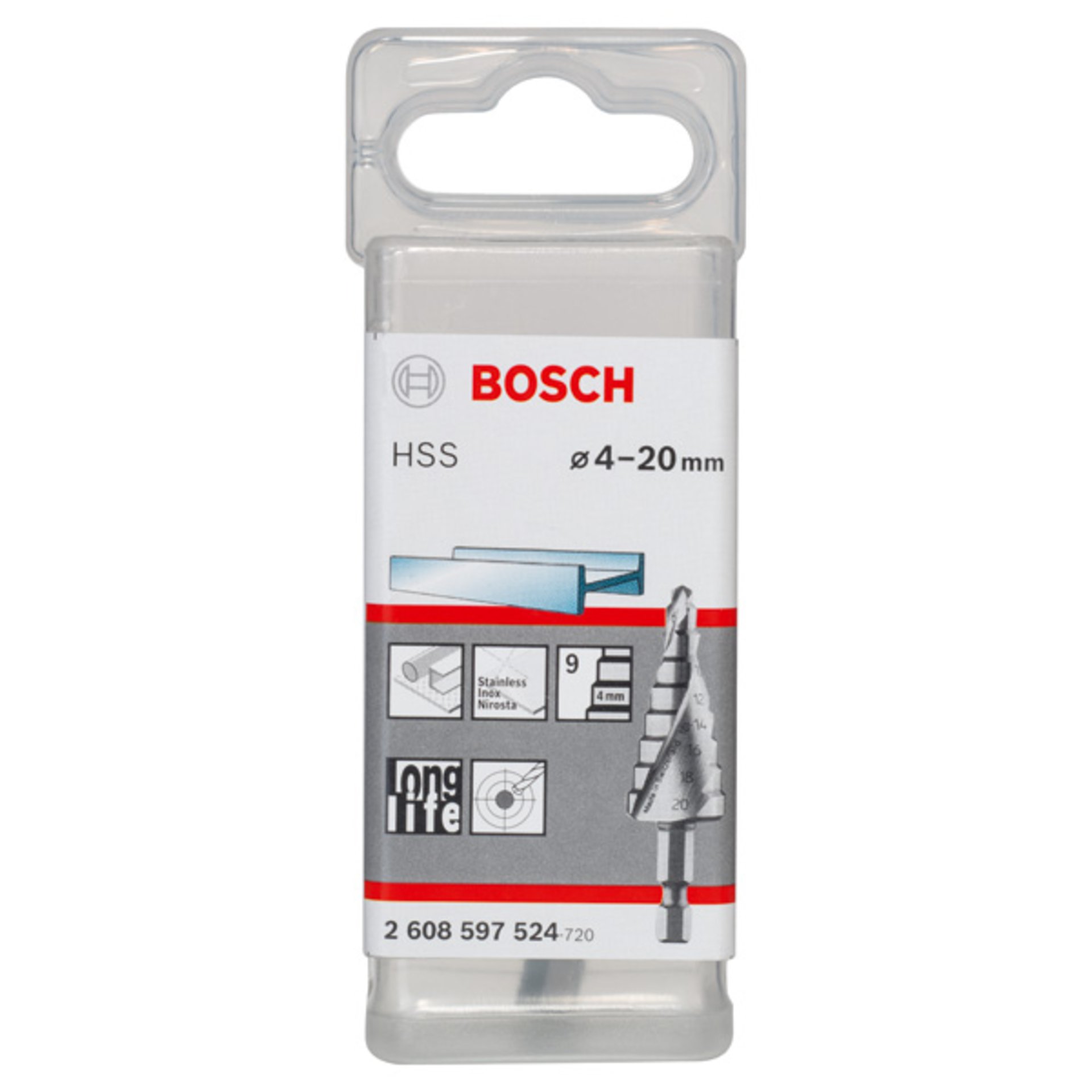 Stufenbohrer HSS, Sechskantschaft, 4 - 20 mm, 1/4-Zoll, 70,5 mm, 9 Stufen