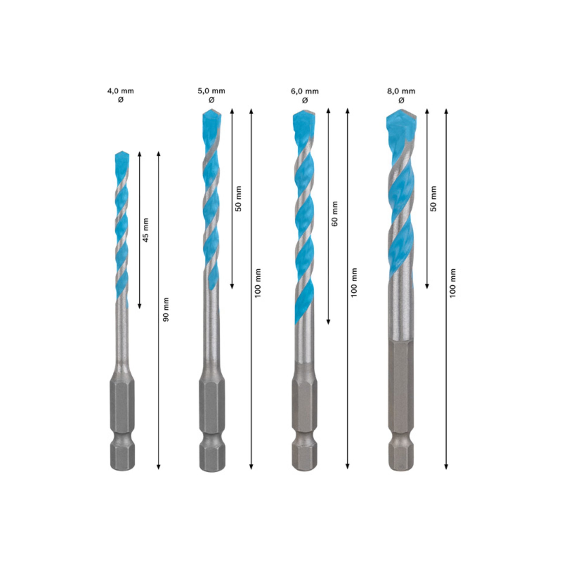EXPERT HEX-9 Multi Construction Bohrer-Set, 4x90/5x100/6x100/8x100 mm, 5-tlg.