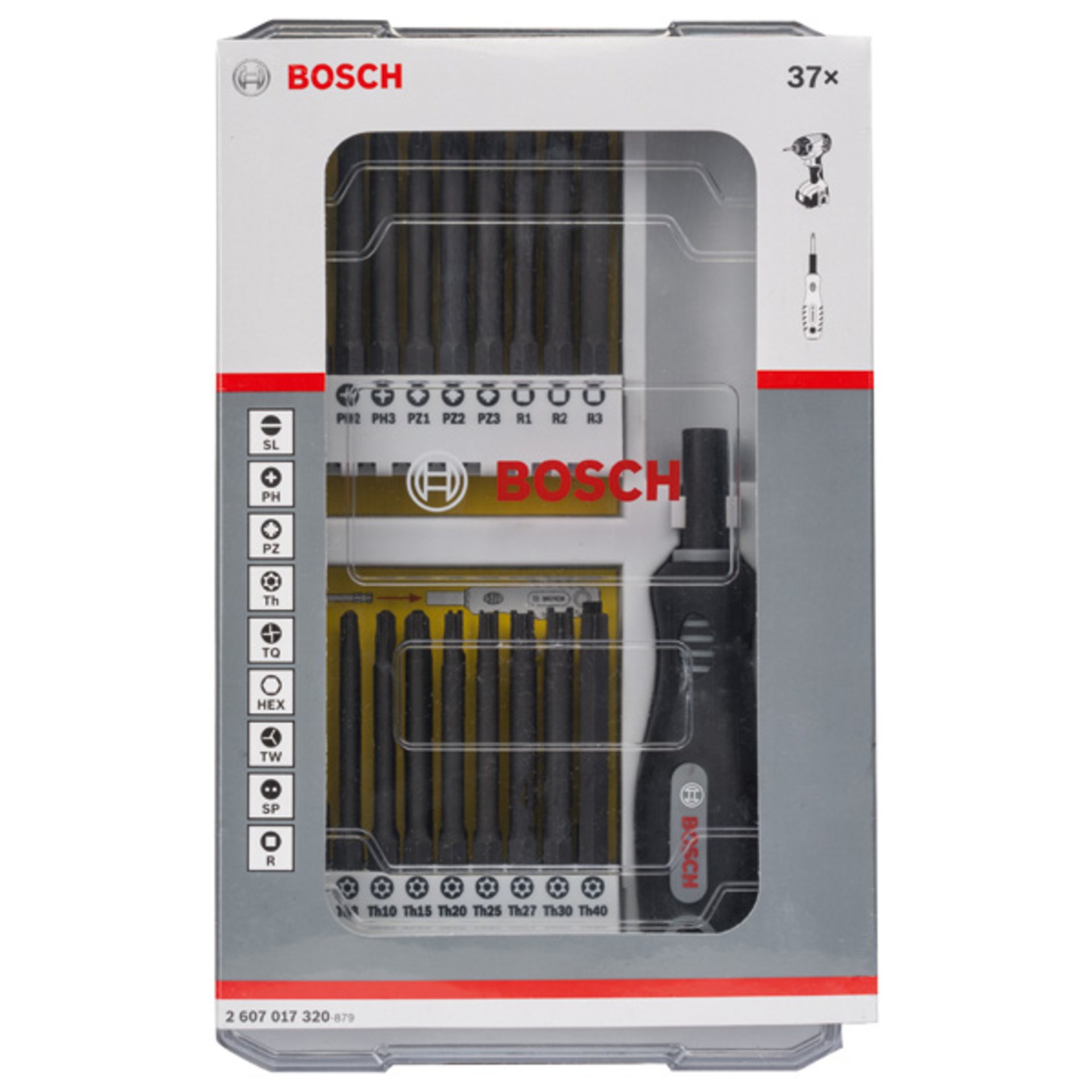 37-teil. Set m Schrauberbits u Griff, PH, PZ, SL, TH, TQ, H, TW, SP, R und Bith
