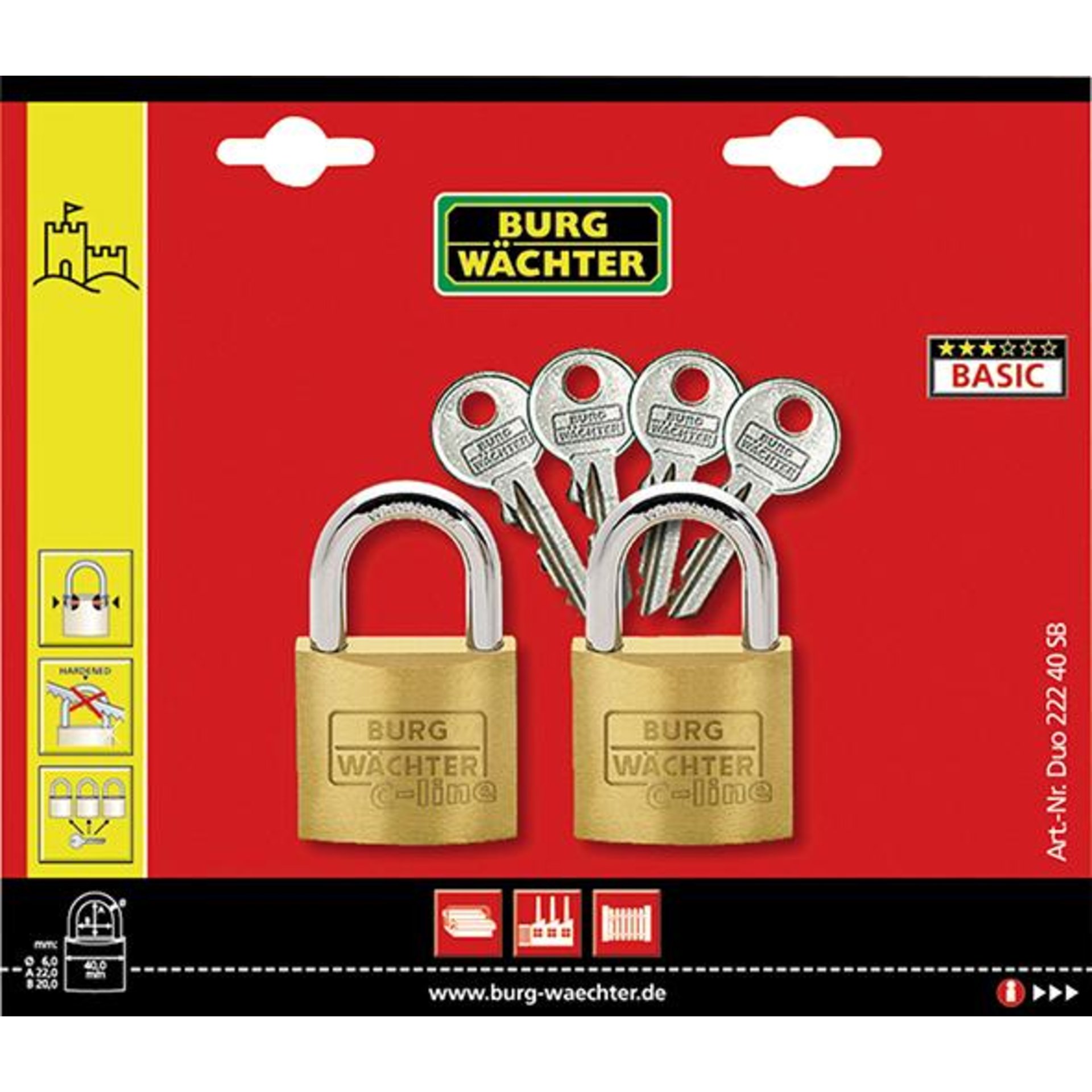 Messing-Hangschloss-Set 222/40/SB/duo Gl Burg BURG WÄCHTER