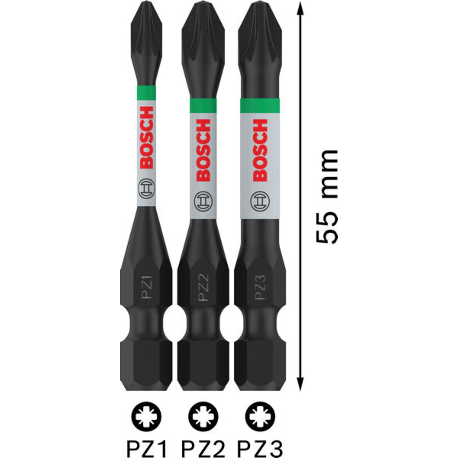 PRO Pozidriv Impact Bit Set, PZ1, PZ2, PZ3, 55 mm, 3-tlg.