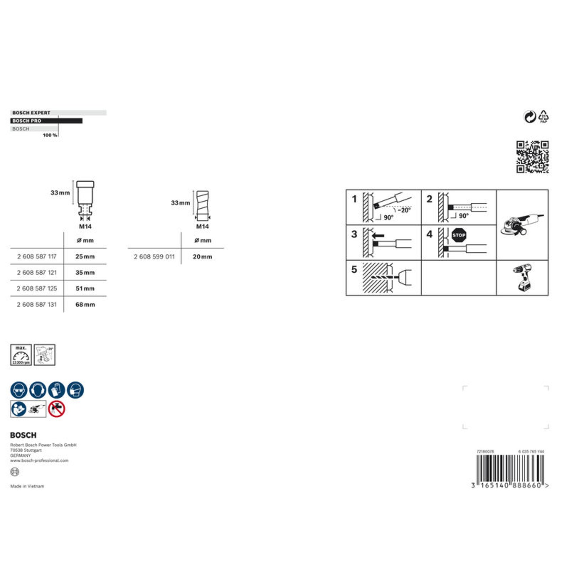 PRO Ceramic Trockenbohrkronen-Set, 68x33/51x33/35x33/25x33/20x33 mm, M14, 5-tlg.