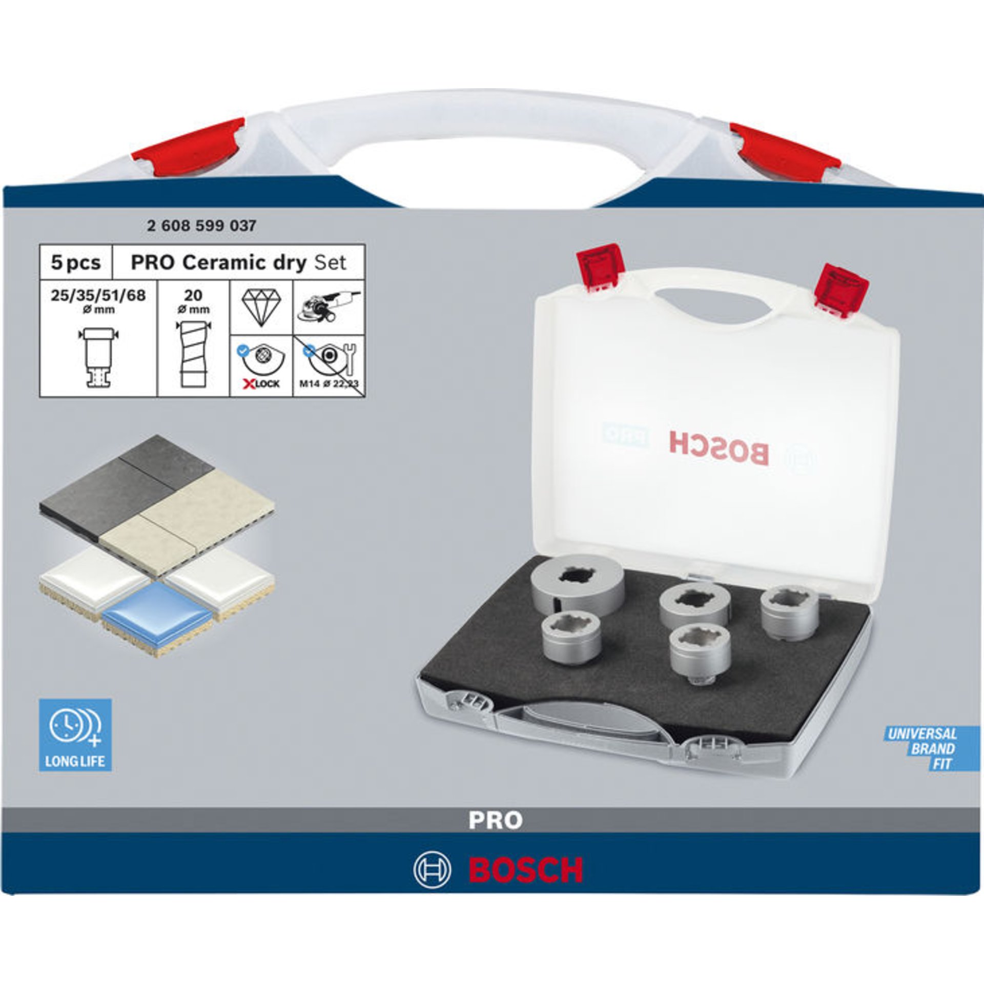 PRO Ceramic dry X-Lock Bohrkronen-Set, 68x33, 51x33, 35x33, 25x33, 20 mm, 5-tlg.