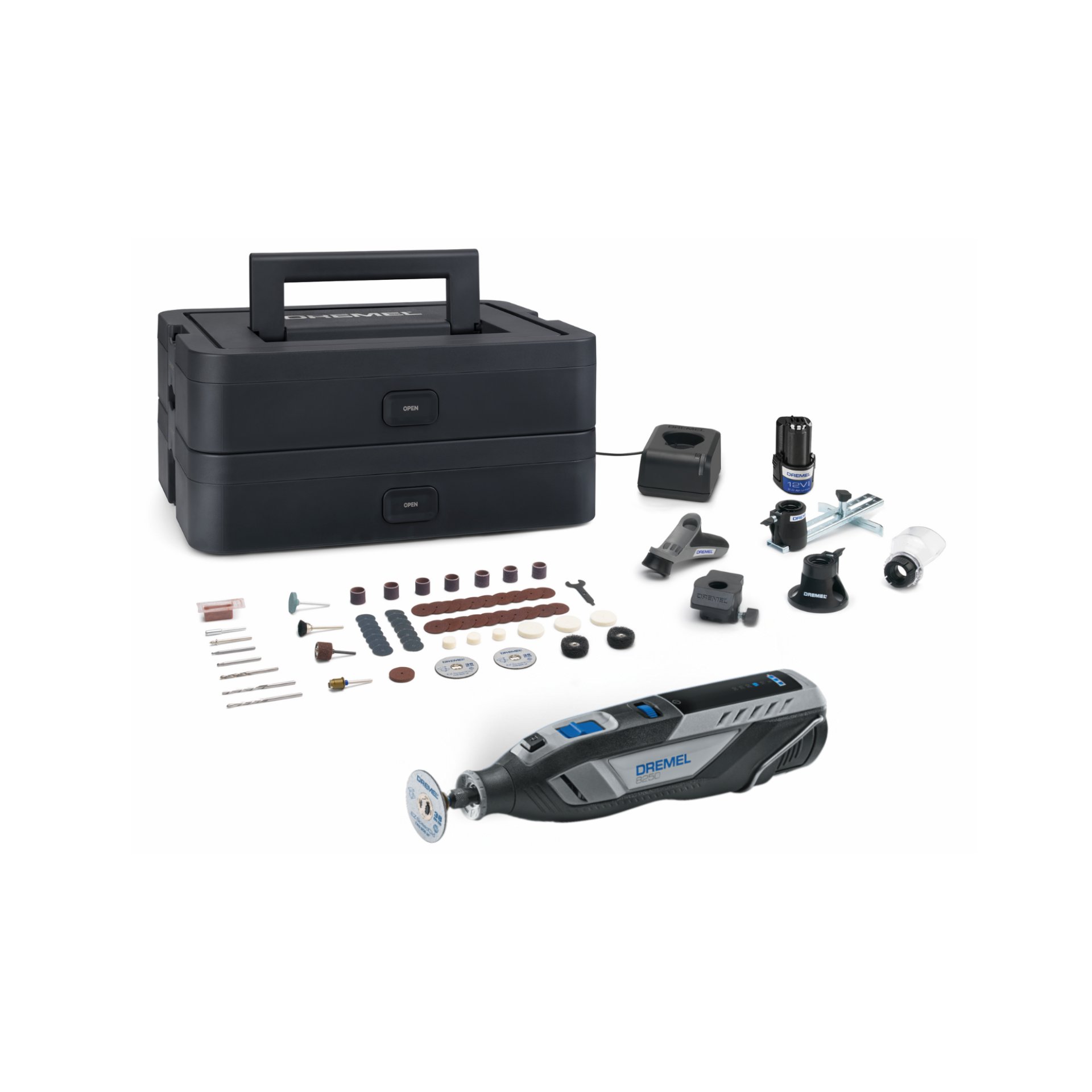 DREMEL® 8250, Kabelgebundenes Multifunktionswerkzeug, 65 Zubehöre, 5 Aufsätze