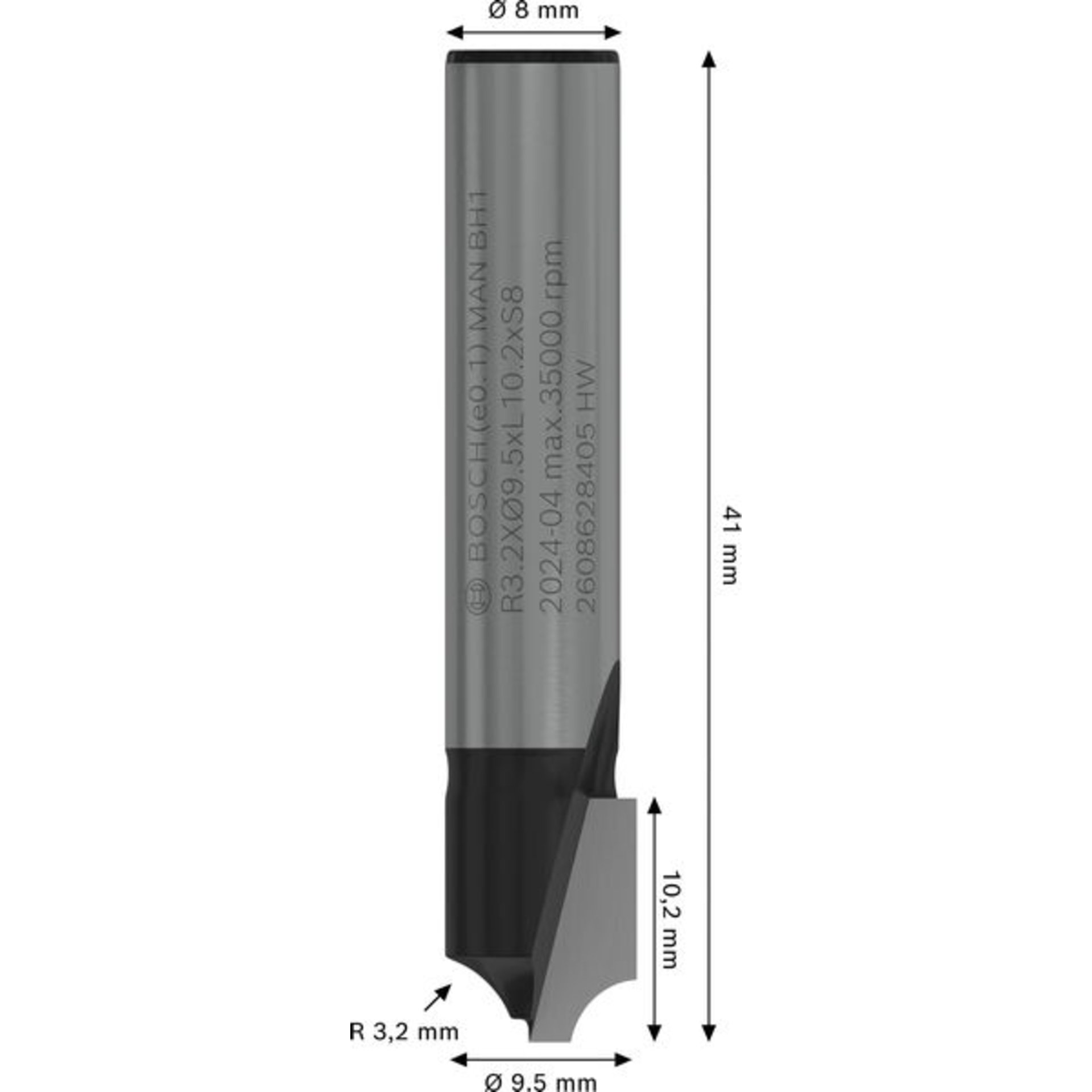 PRO Viertelstabfräser, R 3,2 mm, D 9,5 mm, S 8 mm