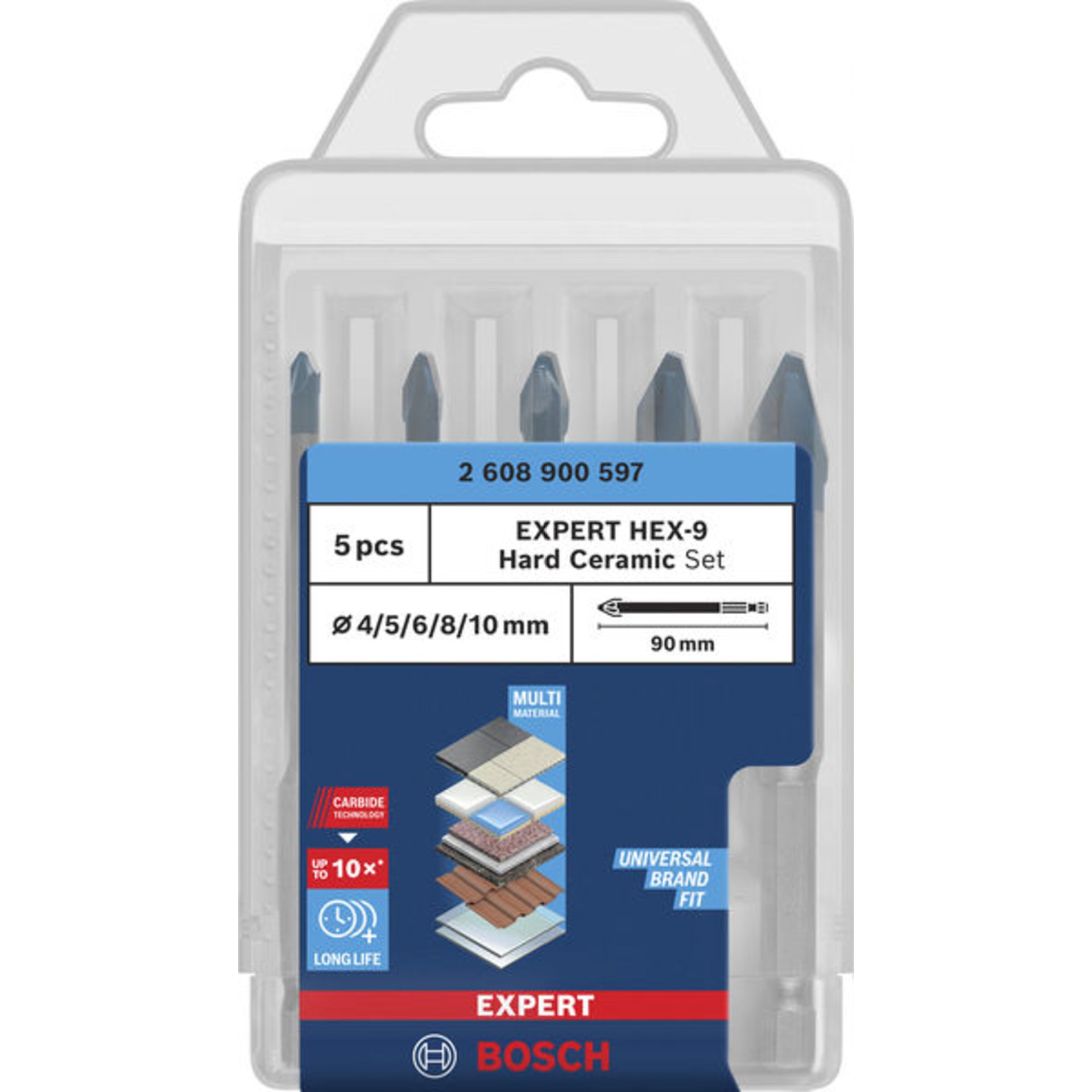 EXPERT HEX-9 Hard Ceramic Bohrer-Set, 4/5/6/8/10x90 mm, 5-tlg.