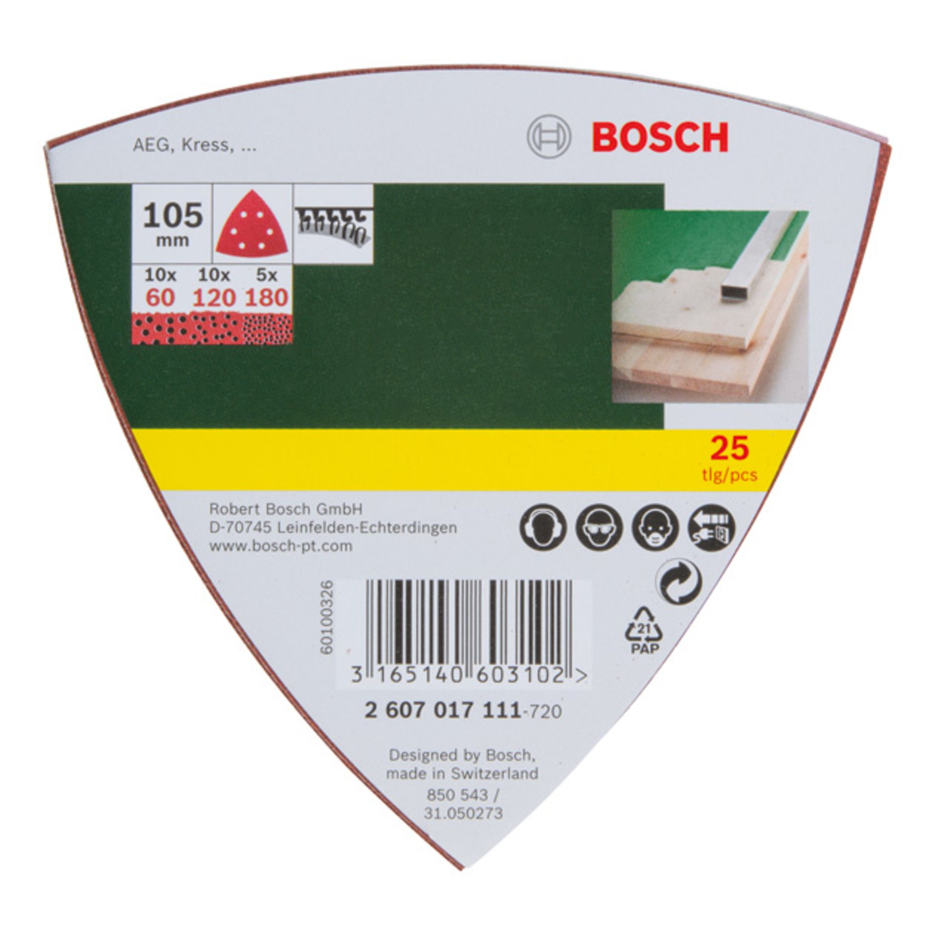 Schleifblatt-Set für Deltaschleifer, 105 mm, 60, 120, 180, 6 Löcher, 25er-Pack