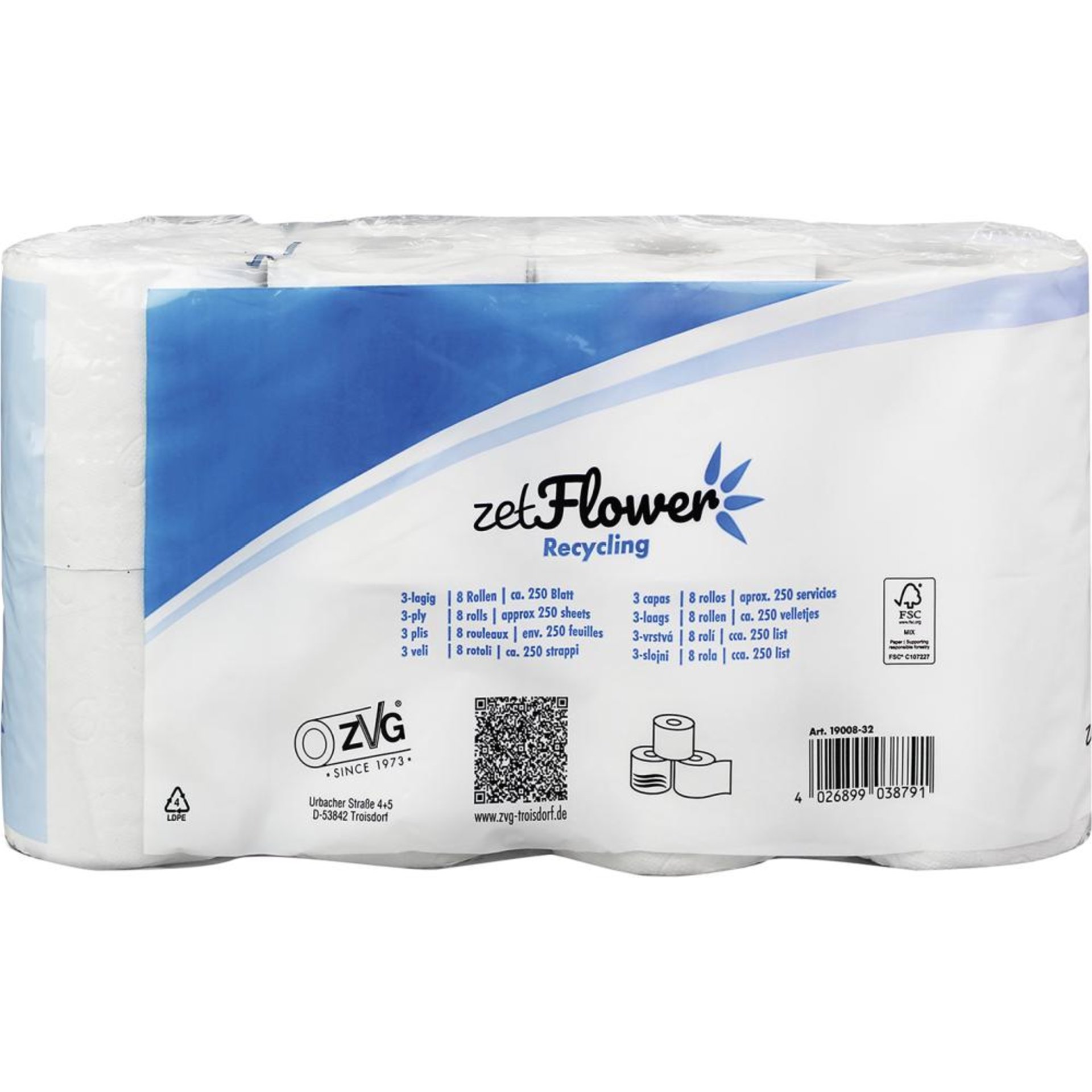 Toilettenpapier 3-lagig, weiß 250 Blatt/Rolle