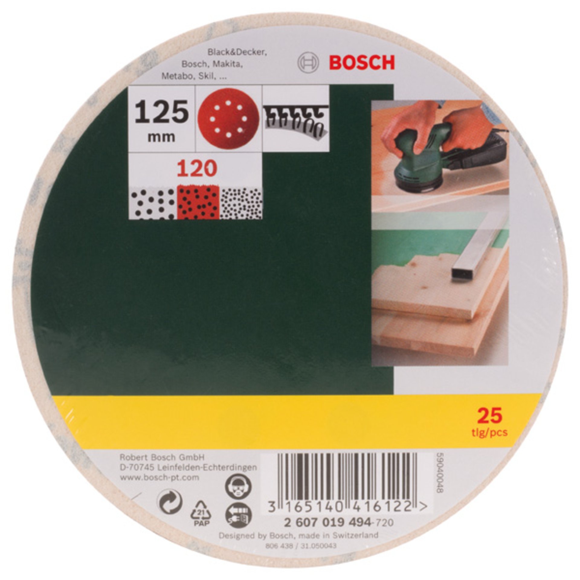 Schleifblatt-Set für Exzenterschleifer, 8 Löcher, 125 mm, K 120, 25er-Pack