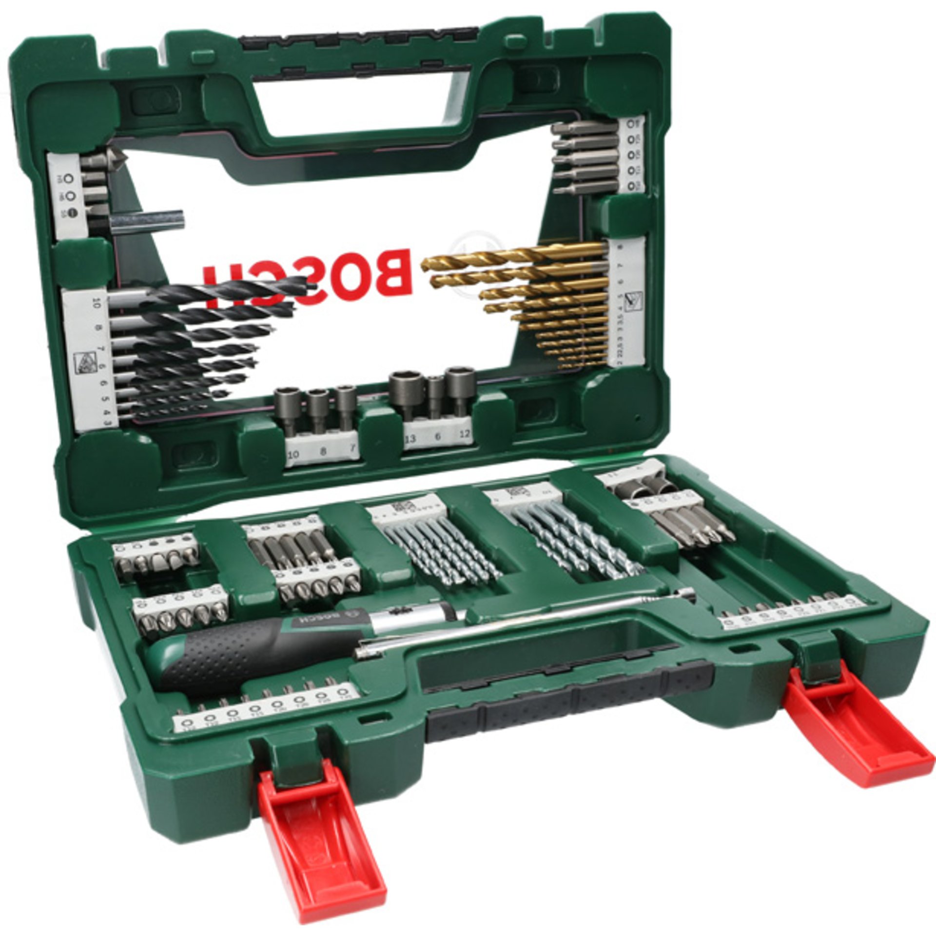 V-Line TiN-Bohrer- und Bit-Set, 91-teilig, Ratschen-Schraubendreher, Magnetstab