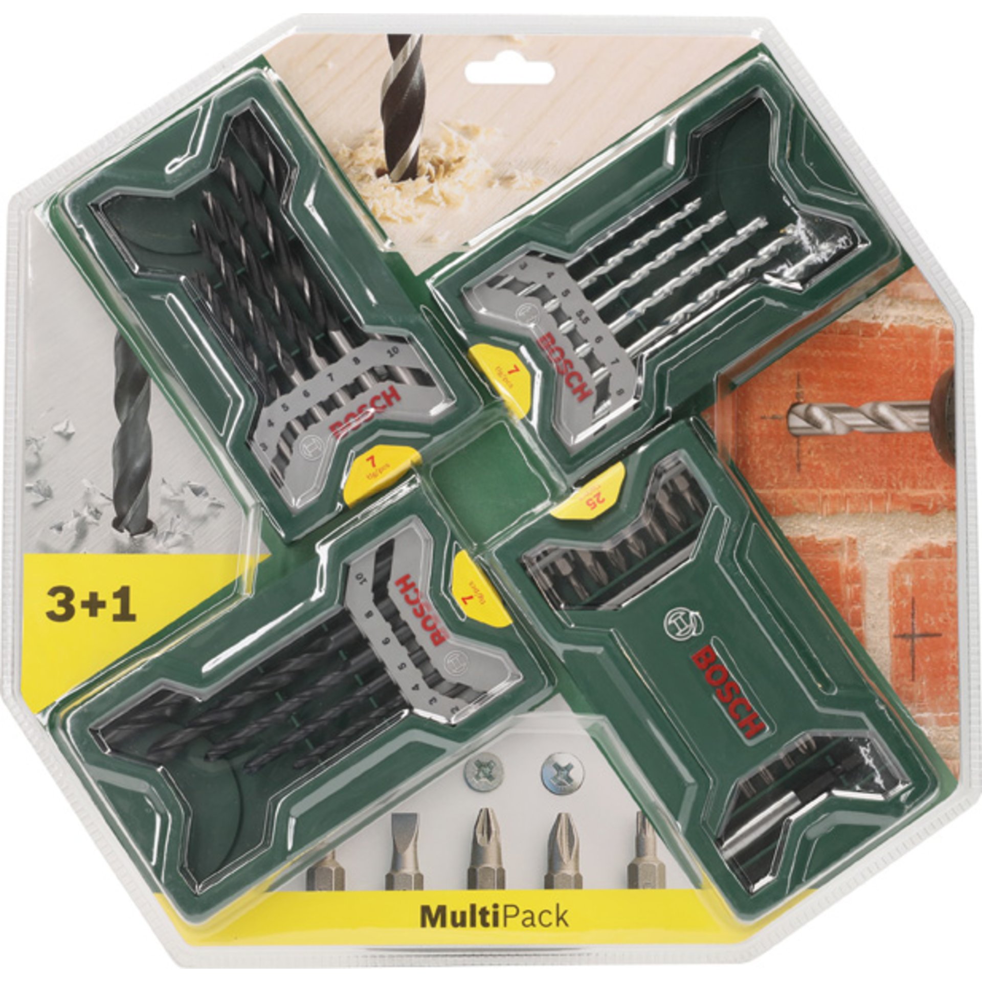 Bohr- Schrauberbit-Set 3+1, Mini-X-Line, Metall-, Stein-, Holzbohrer, Bit-Set