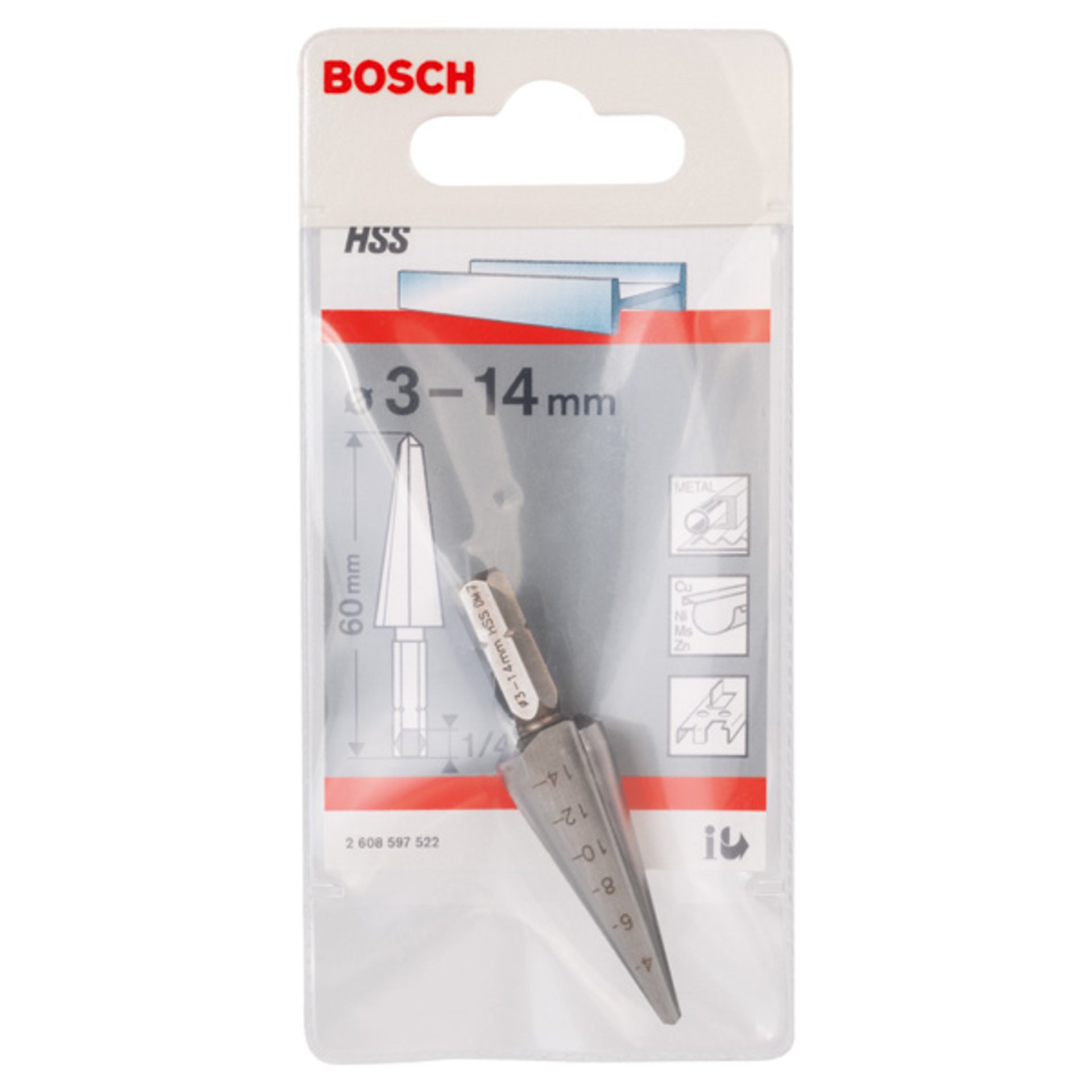 Blechschälbohrer HSS, Sechskantschaft, 3 - 14 mm, 60 mm, 1/4-Zoll