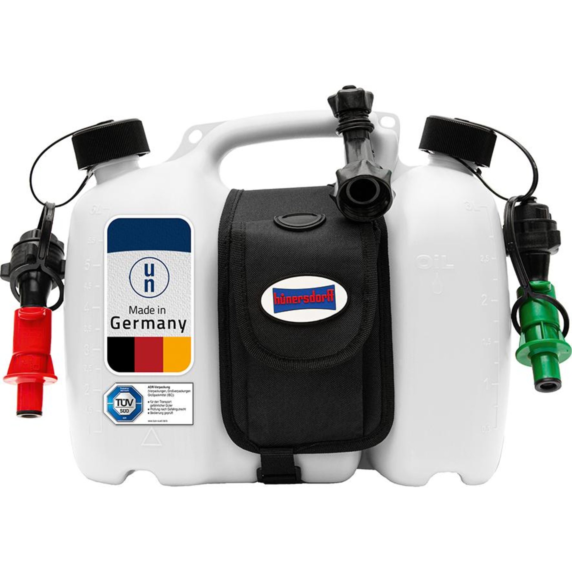 Doppelkanister PROFI 6+3lHD-PE, natur mit Satteltasche & Einfüllsysteme