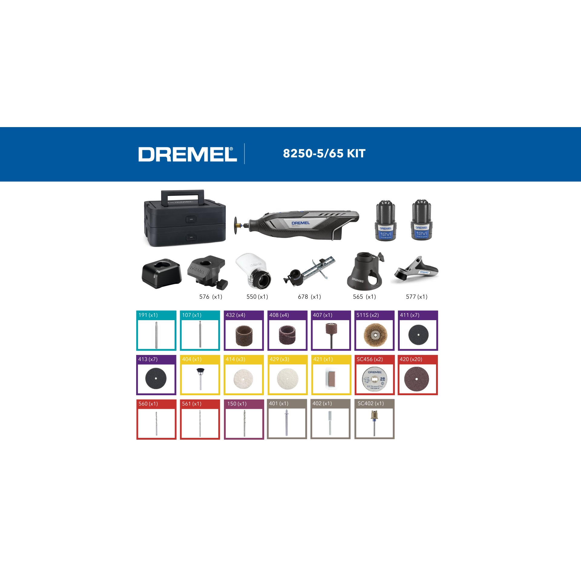 DREMEL® 8250, Kabelgebundenes Multifunktionswerkzeug, 65 Zubehöre, 5 Aufsätze