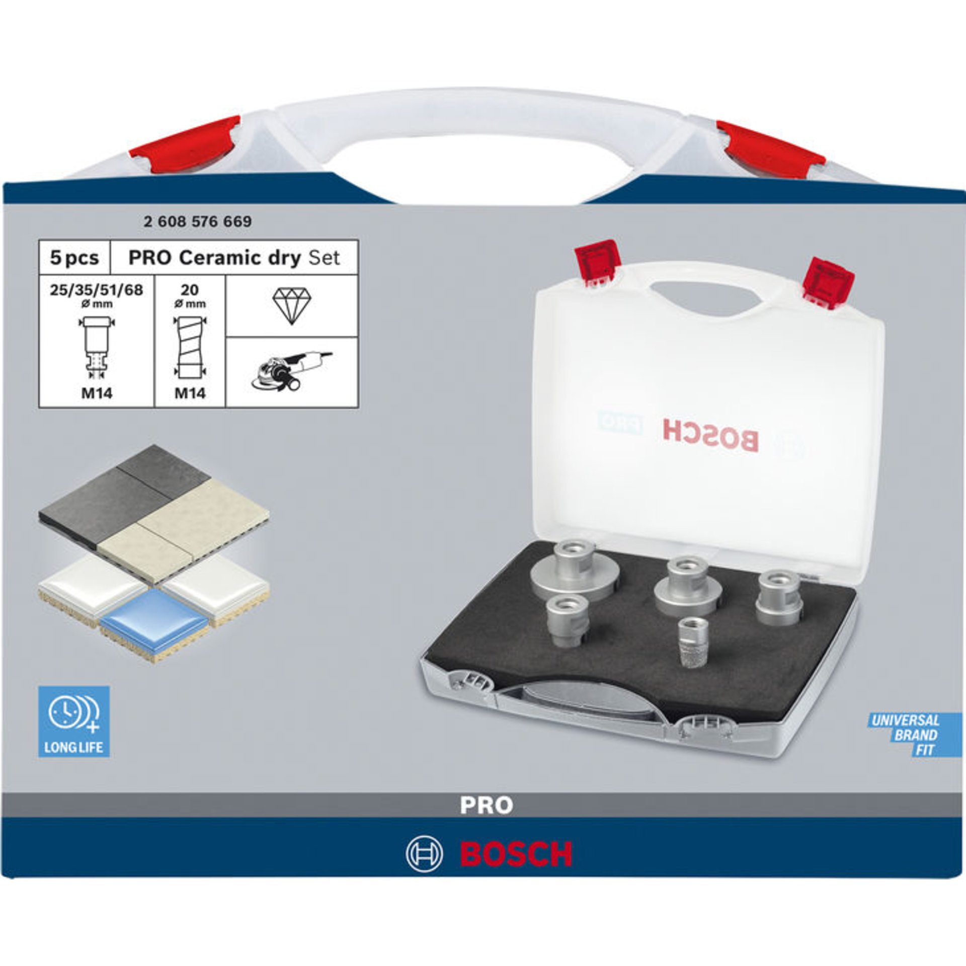 PRO Ceramic Trockenbohrkronen-Set, 68x33/51x33/35x33/25x33/20x33 mm, M14, 5-tlg.