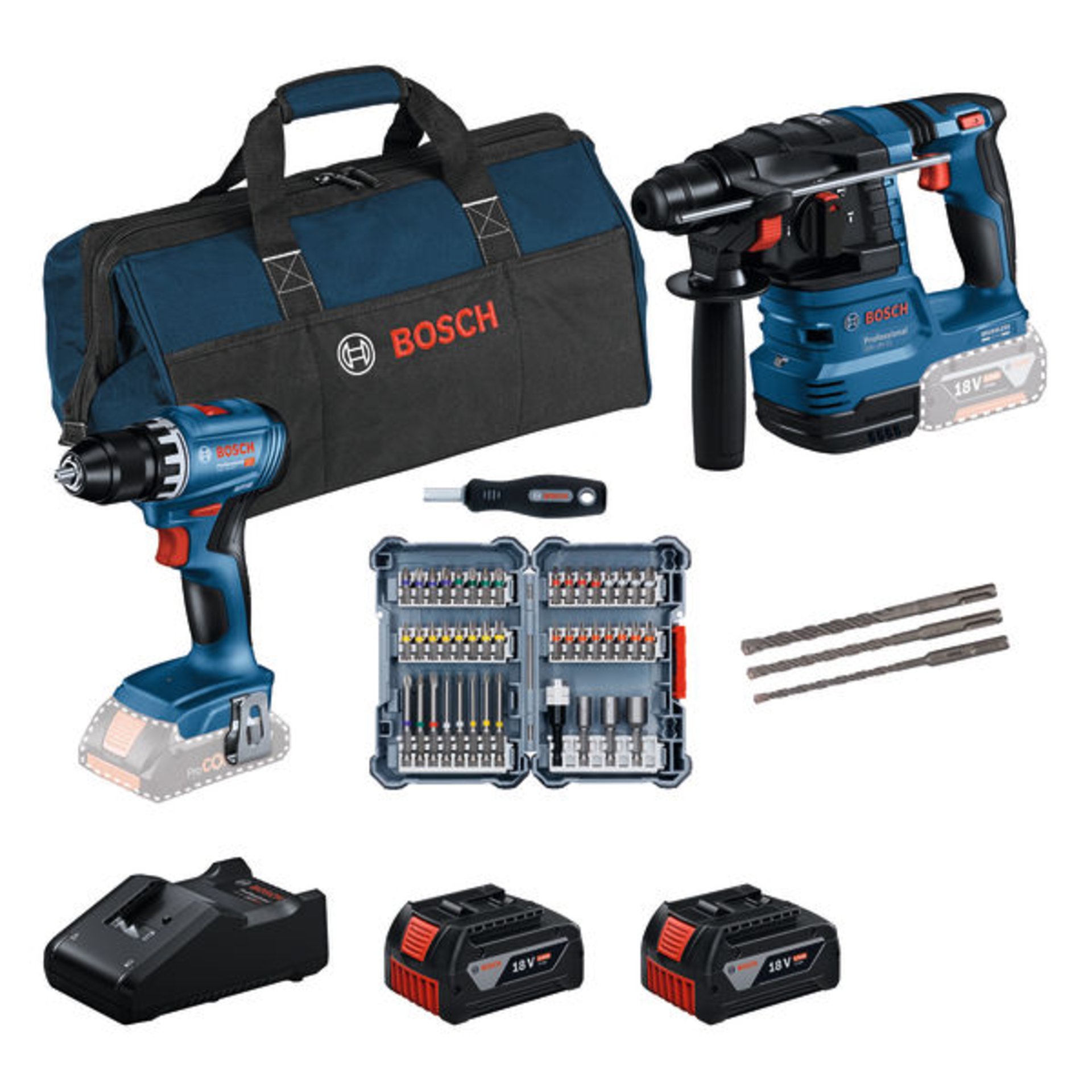 2 x 18V-Set: GSR + GBH + 2 x Bit-Set + 2 x GBA 18V 4.0 Ah + GAL 18V-40